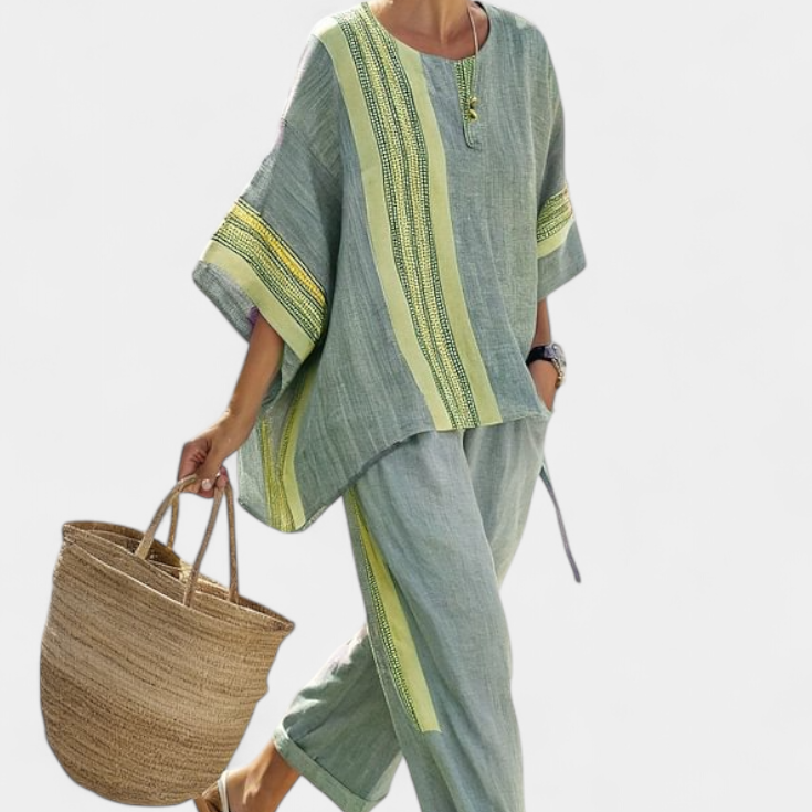 Комплект от ленен бамбук с очарователна лавандула и детайли в жълти ивици