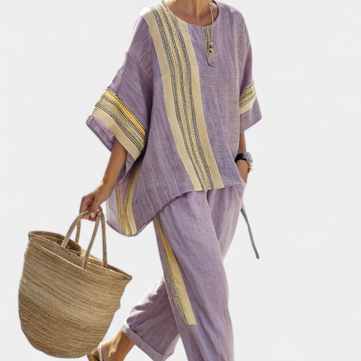 Комплект от ленен бамбук с очарователна лавандула и детайли в жълти ивици