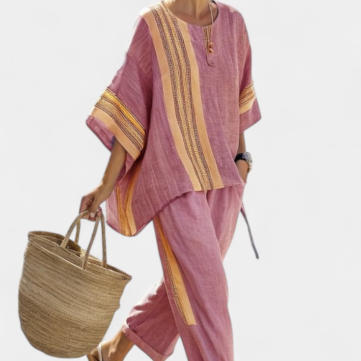 Комплект от ленен бамбук с очарователна лавандула и детайли в жълти ивици