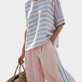 Комплект от ленен бамбук Дейзи Средиземноморски в нежно розов цвят с елегантни сини ивици