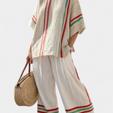 Средиземноморски комплект Дейзи от бамбуков лен с елегантни червени и зелени ивици