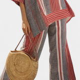 Комбинезон Oversize Daisy от ленен материал с ивици в червен коралов и сив цвят, модерен и удобен стил