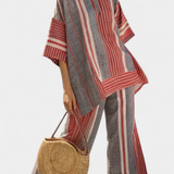 Комбинезон Oversize Daisy от ленен материал с ивици в червен коралов и сив цвят, модерен и удобен стил