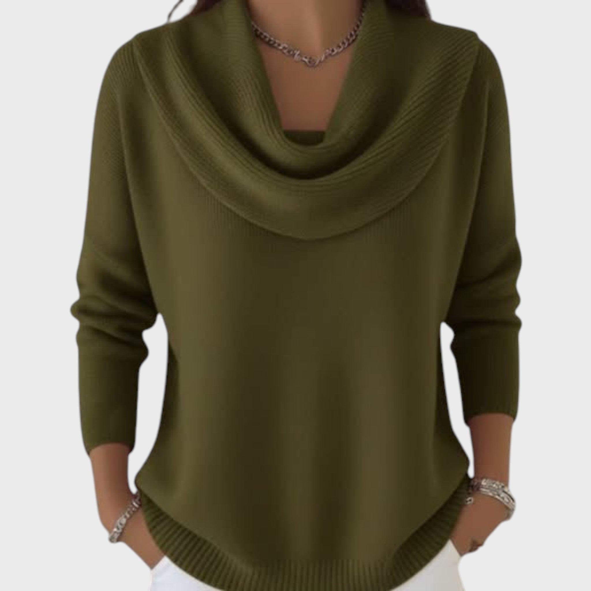 Йоанна - Дамски плетен пуловер с драпирана яка