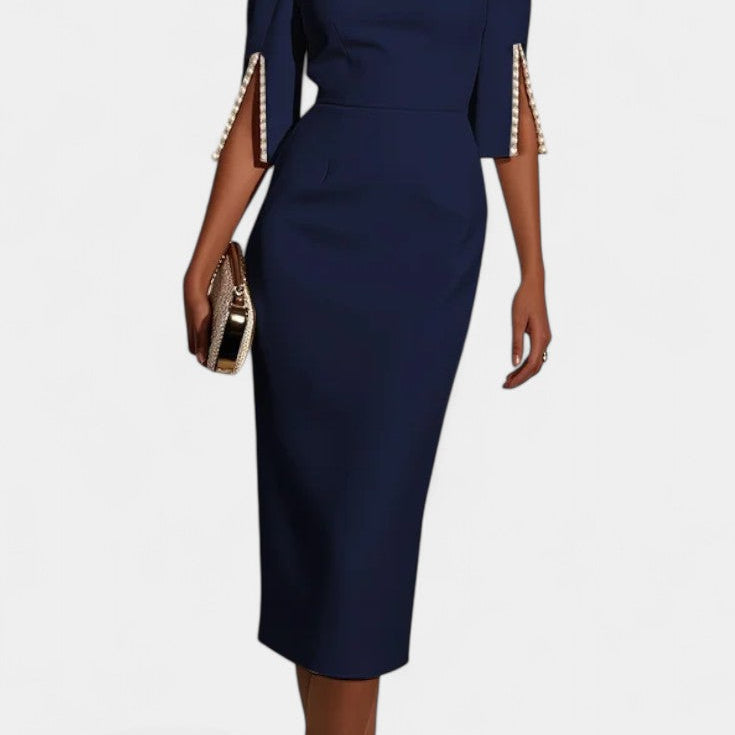 Весна Миди Рокля с Перлени Детайли и Кръгло Деколте