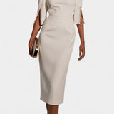 Весна Миди Рокля с Перлени Детайли и Кръгло Деколте