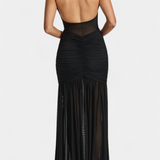 Милица Дълга Рокля от Мляко Коприна с Дълбоко Деколте и Оформени Набръчквания