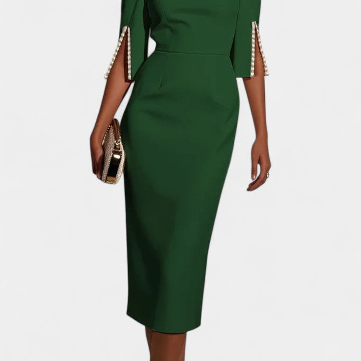 Весна Миди Рокля с Перлени Детайли и Кръгло Деколте