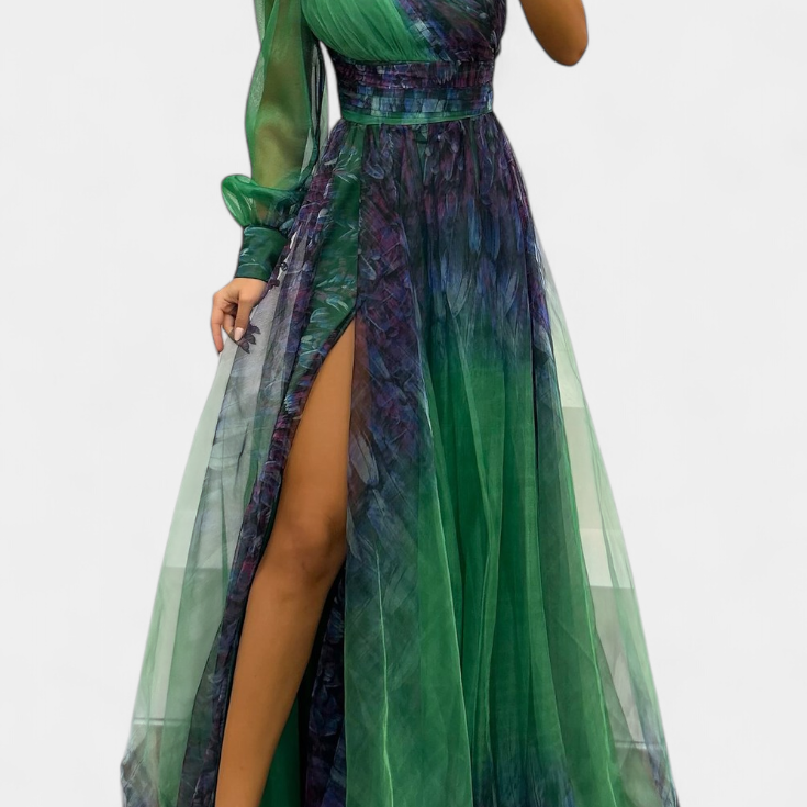 Наталия Макси Рокля от Шифон с Открито Рамо и Обемен Цвете