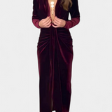 Вилма Дълга Рокля от Златен Бархет с V-Изрез