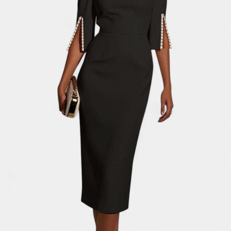 Весна Миди Рокля с Перлени Детайли и Кръгло Деколте